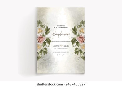WEDDING INVITATION FRAME WITH FLOWER DECORATIONS AND FRESH LEAVES