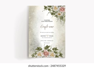 WEDDING INVITATION FRAME WITH FLOWER DECORATIONS AND FRESH LEAVES