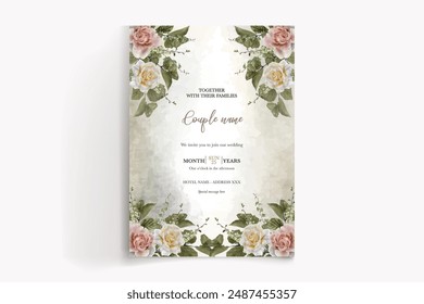 WEDDING INVITATION FRAME WITH FLOWER DECORATIONS AND FRESH LEAVES