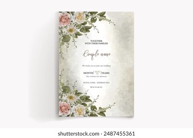 MARCO DE INVITACIÓN DE BODA CON DECORACIONES FLORALES Y HOJAS FRESCAS