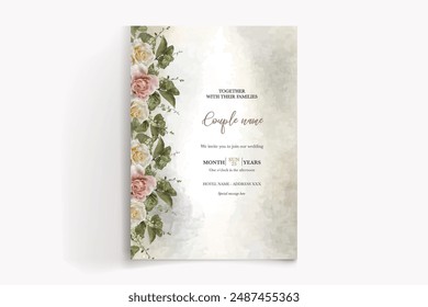 WEDDING INVITATION FRAME WITH FLOWER DECORATIONS AND FRESH LEAVES