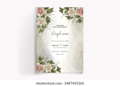 MARCO DE INVITACIÓN DE BODA CON DECORACIONES FLORALES Y HOJAS FRESCAS