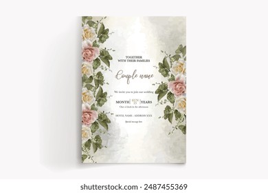 WEDDING INVITATION FRAME WITH FLOWER DECORATIONS AND FRESH LEAVES