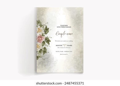 MARCO DE INVITACIÓN DE BODA CON DECORACIONES FLORALES Y HOJAS FRESCAS