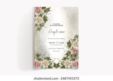 WEDDING INVITATION FRAME WITH FLOWER DECORATIONS AND FRESH LEAVES