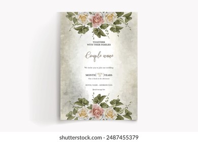 WEDDING INVITATION FRAME WITH FLOWER DECORATIONS AND FRESH LEAVES