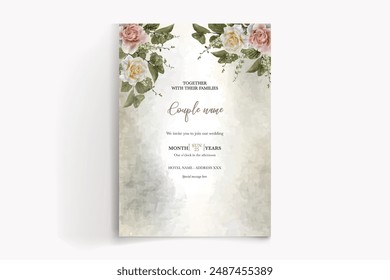 WEDDING INVITATION FRAME WITH FLOWER DECORATIONS AND FRESH LEAVES