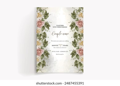 WEDDING INVITATION FRAME WITH FLOWER DECORATIONS AND FRESH LEAVES