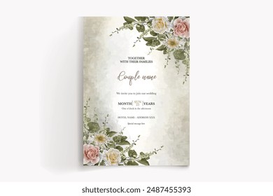 WEDDING INVITATION FRAME WITH FLOWER DECORATIONS AND FRESH LEAVES