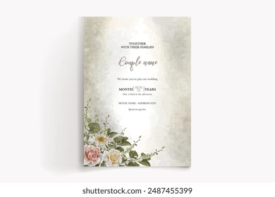 WEDDING INVITATION FRAME WITH FLOWER DECORATIONS AND FRESH LEAVES