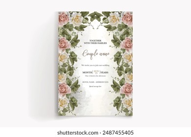 WEDDING INVITATION FRAME WITH FLOWER DECORATIONS AND FRESH LEAVES