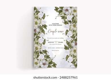 WEDDING INVITATION FRAME WITH FLOWER DECORATIONS AND FRESH LEAVES