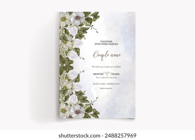 WEDDING INVITATION FRAME WITH FLOWER DECORATIONS AND FRESH LEAVES