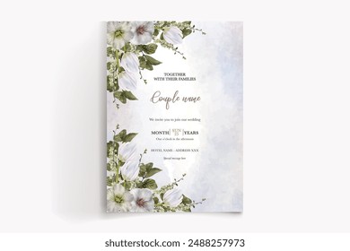 MARCO DE INVITACIÓN DE BODA CON DECORACIONES FLORALES Y HOJAS FRESCAS
