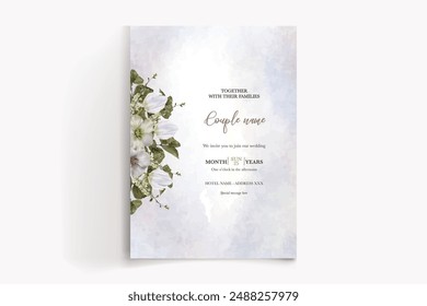 WEDDING INVITATION FRAME WITH FLOWER DECORATIONS AND FRESH LEAVES