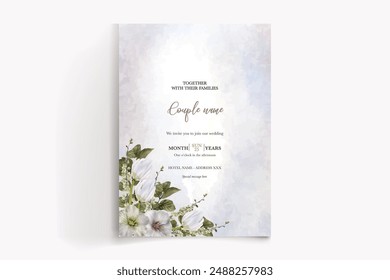 WEDDING INVITATION FRAME WITH FLOWER DECORATIONS AND FRESH LEAVES