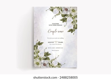WEDDING INVITATION FRAME WITH FLOWER DECORATIONS AND FRESH LEAVES