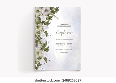 WEDDING INVITATION FRAME WITH FLOWER DECORATIONS AND FRESH LEAVES