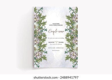 WEDDING INVITATION FRAME WITH FLOWER DECORATIONS AND FRESH LEAVES