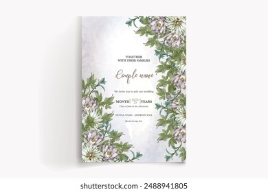 WEDDING INVITATION FRAME WITH FLOWER DECORATIONS AND FRESH LEAVES