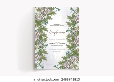 WEDDING INVITATION FRAME WITH FLOWER DECORATIONS AND FRESH LEAVES