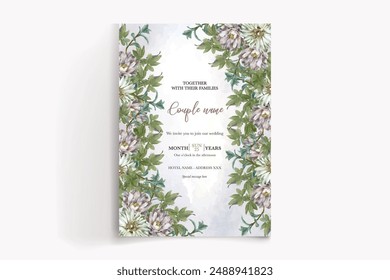 WEDDING INVITATION FRAME WITH FLOWER DECORATIONS AND FRESH LEAVES