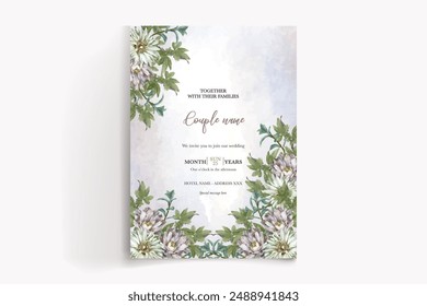 MARCO DE INVITACIÓN DE BODA CON DECORACIONES FLORALES Y HOJAS FRESCAS
