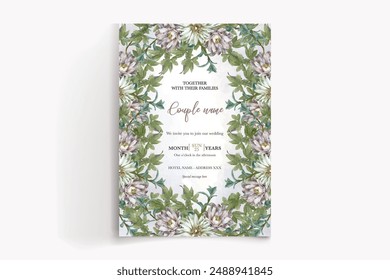 MARCO DE INVITACIÓN DE BODA CON DECORACIONES FLORALES Y HOJAS FRESCAS