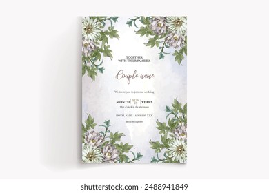 WEDDING INVITATION FRAME WITH FLOWER DECORATIONS AND FRESH LEAVES