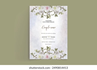 WEDDING INVITATION FRAME WITH FLOWER DECORATIONS AND FRESH LEAVES