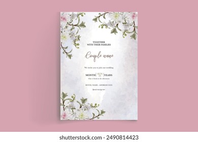 WEDDING INVITATION FRAME WITH FLOWER DECORATIONS AND FRESH LEAVES