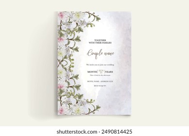 WEDDING INVITATION FRAME WITH FLOWER DECORATIONS AND FRESH LEAVES