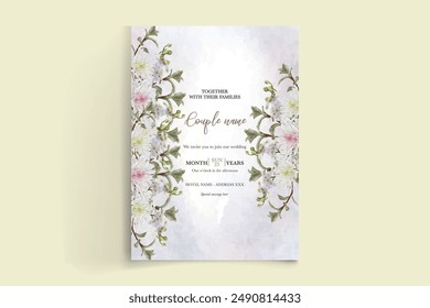 WEDDING INVITATION FRAME WITH FLOWER DECORATIONS AND FRESH LEAVES