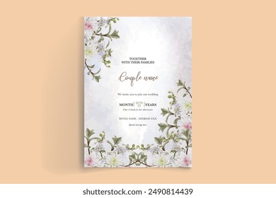 WEDDING INVITATION FRAME WITH FLOWER DECORATIONS AND FRESH LEAVES