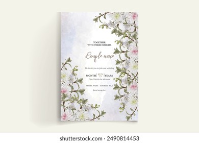 WEDDING INVITATION FRAME WITH FLOWER DECORATIONS AND FRESH LEAVES