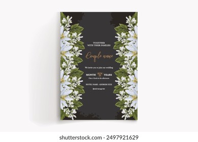 WEDDING INVITATION FRAME WITH FLOWER DECORATIONS WITH FRESH LEAVES