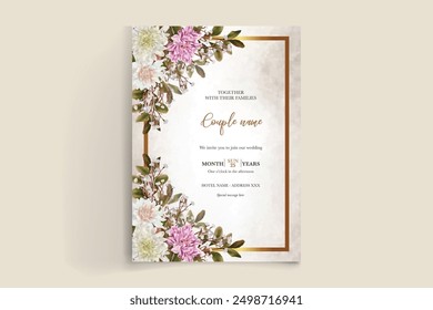 MARCO DE INVITACIÓN DE BODA CON DECORACIONES FLORALES Y HOJAS FRESCAS 