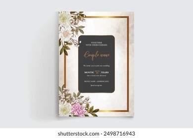 WEDDING INVITATION FRAME WITH FLOWER DECORATIONS AND FRESH LEAVES 