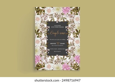 WEDDING INVITATION FRAME WITH FLOWER DECORATIONS AND FRESH LEAVES 