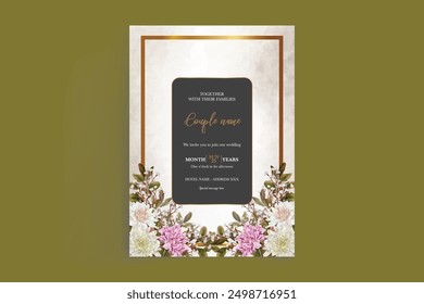 WEDDING INVITATION FRAME WITH FLOWER DECORATIONS AND FRESH LEAVES 