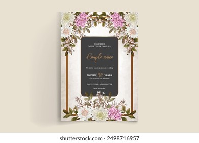 WEDDING INVITATION FRAME WITH FLOWER DECORATIONS AND FRESH LEAVES 