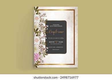 WEDDING INVITATION FRAME WITH FLOWER DECORATIONS AND FRESH LEAVES 