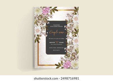 WEDDING INVITATION FRAME WITH FLOWER DECORATIONS AND FRESH LEAVES 