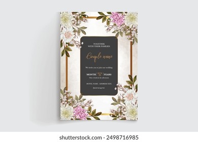 WEDDING INVITATION FRAME WITH FLOWER DECORATIONS AND FRESH LEAVES 