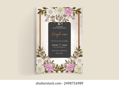 WEDDING INVITATION FRAME WITH FLOWER DECORATIONS AND FRESH LEAVES 