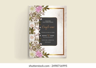 WEDDING INVITATION FRAME WITH FLOWER DECORATIONS AND FRESH LEAVES 