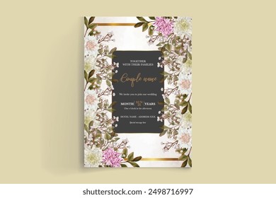 WEDDING INVITATION FRAME WITH FLOWER DECORATIONS AND FRESH LEAVES 