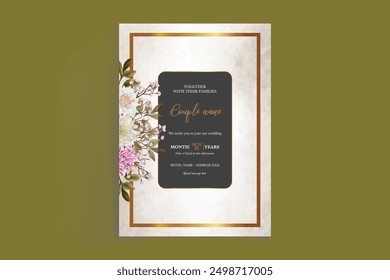 WEDDING INVITATION FRAME WITH FLOWER DECORATIONS AND FRESH LEAVES 