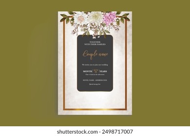 WEDDING INVITATION FRAME WITH FLOWER DECORATIONS AND FRESH LEAVES 