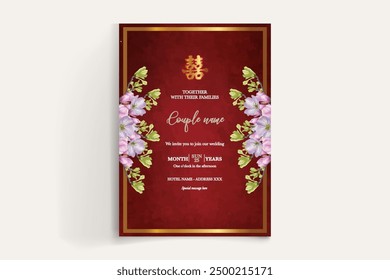 WEDDING INVITATION FRAME WITH FLOWER DECORATIONS AND FRESH LEAVES